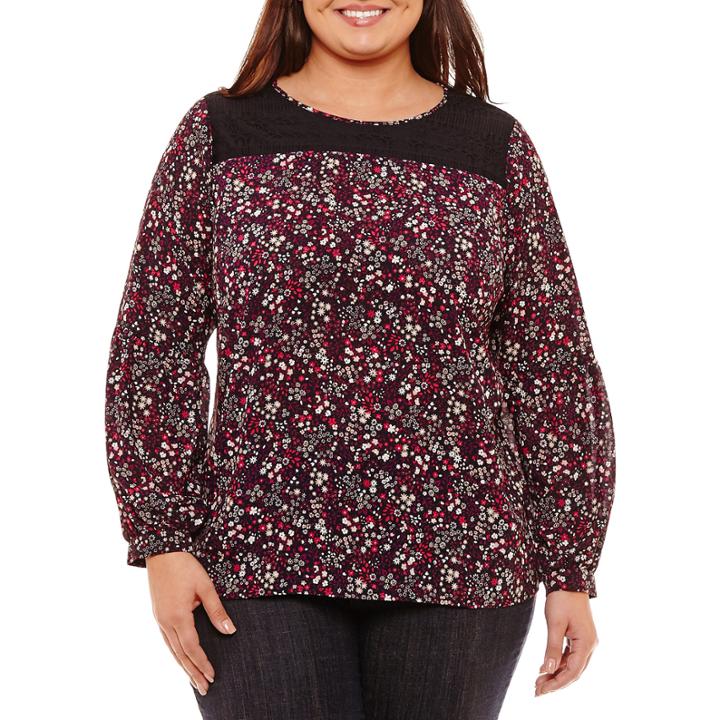 Liz Claiborne Long Sleeve Lace Yoke Woven Floral Blouse-plus