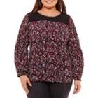 Liz Claiborne Long Sleeve Lace Yoke Woven Floral Blouse-plus