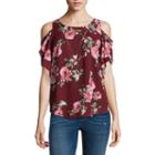 By & By Short Sleeve Round Neck Dobby Floral Blouse-juniors