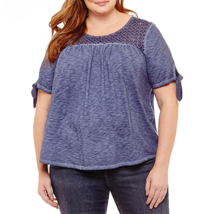 St. John's Bay Short Sleeve Tie Washed Embroidered Garment Tee-plus