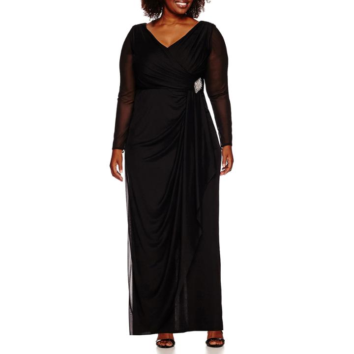 Blu Sage Long-mesh-sleeve Faux-wrap Gown - Plus