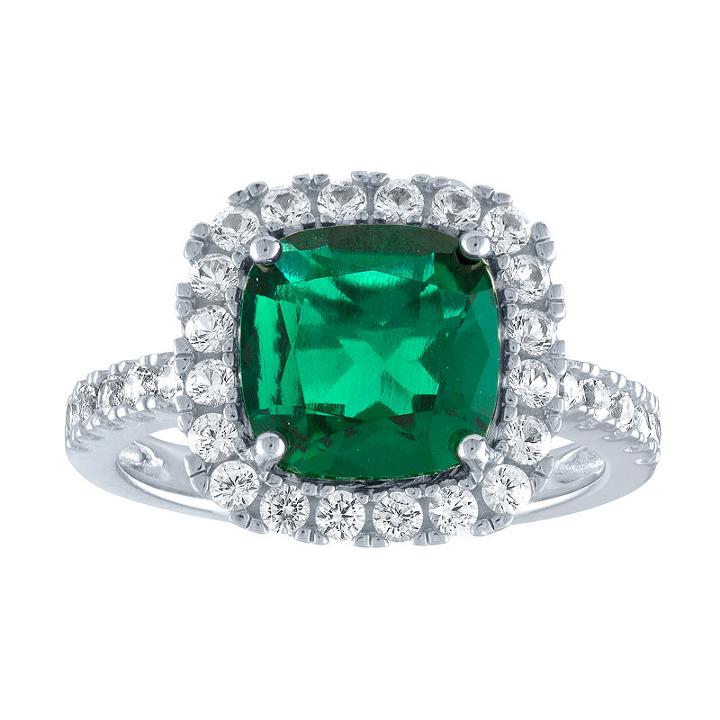 Lab-created Green Emerald & Lab-created White Sapphire Sterling Silver Cocktail Ring