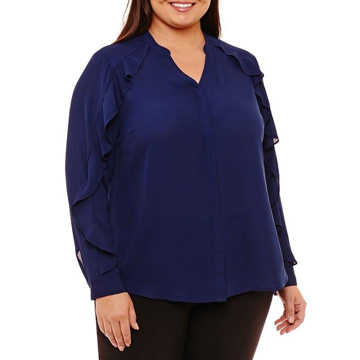 Worthington V-neck Long Sleeve Woven Blouse - Plus