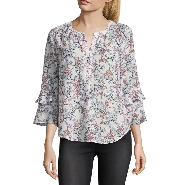 Liz Claiborne 3/4 Ruffled Bell Sleeve Floral Blouse
