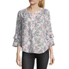 Liz Claiborne 3/4 Ruffled Bell Sleeve Floral Blouse