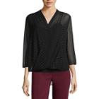 Liz Claiborne 3/4 Sleeve V Neck Woven Dots Blouse