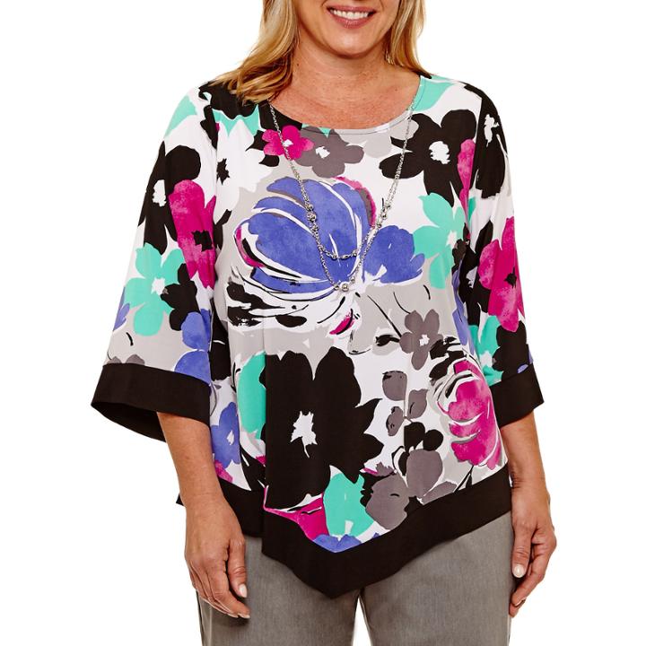 Alfred Dunner Closet Case 3/4 Sleeve Crew Neck Knit Floral Blouse-plus