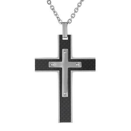 Mens Stainless Steel & Black Carbon Fiber Cross Pendant Necklace