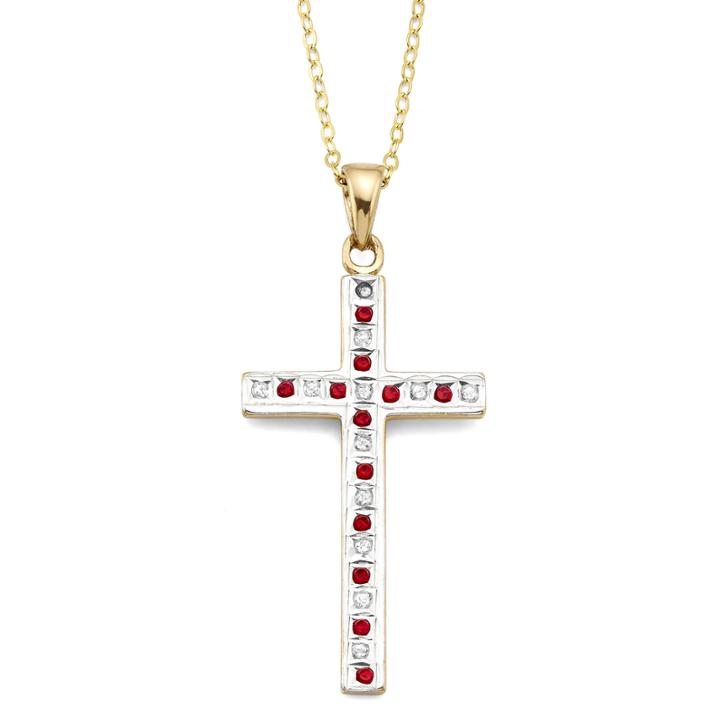 Lead Glass-filled Ruby And Diamond-accent Gold Over Sterling Cross Pendant