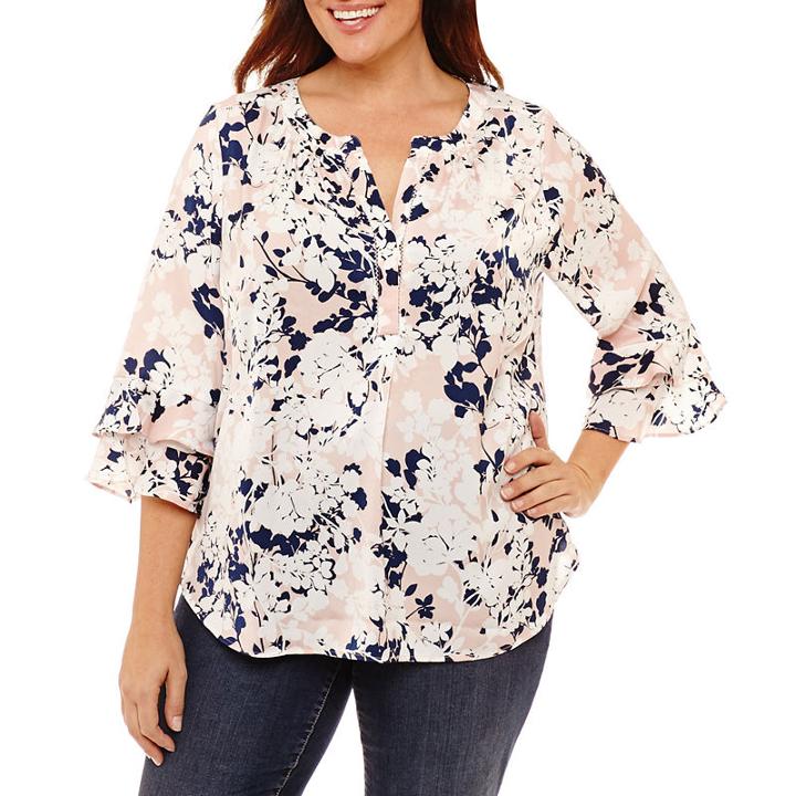 Liz Claiborne Ruffle Sleeve Split Neck Floral Blouse-plus