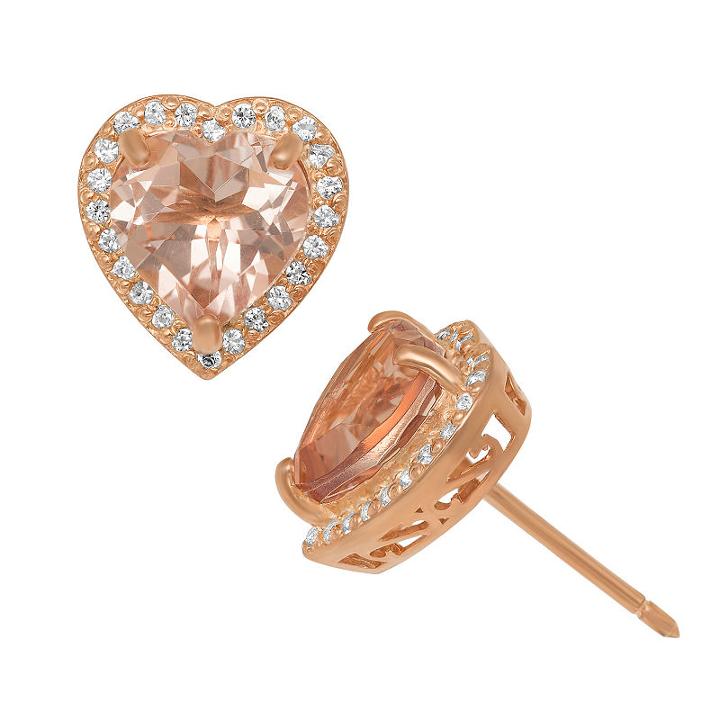 Simulated Pink Morganite 14k Rose Gold Over Silver 11.2mm Heart Stud Earrings