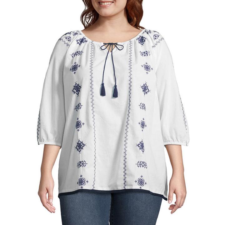 3/4 Sleeve Embroidered Blouse - Plus