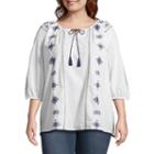 3/4 Sleeve Embroidered Blouse - Plus