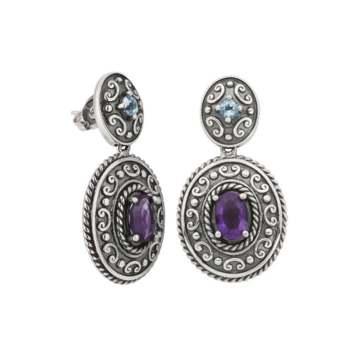 Genuine African Amethyst And Blue Topaz Oxidized Sterling Silver Drop Earrings