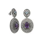 Genuine African Amethyst And Blue Topaz Oxidized Sterling Silver Drop Earrings