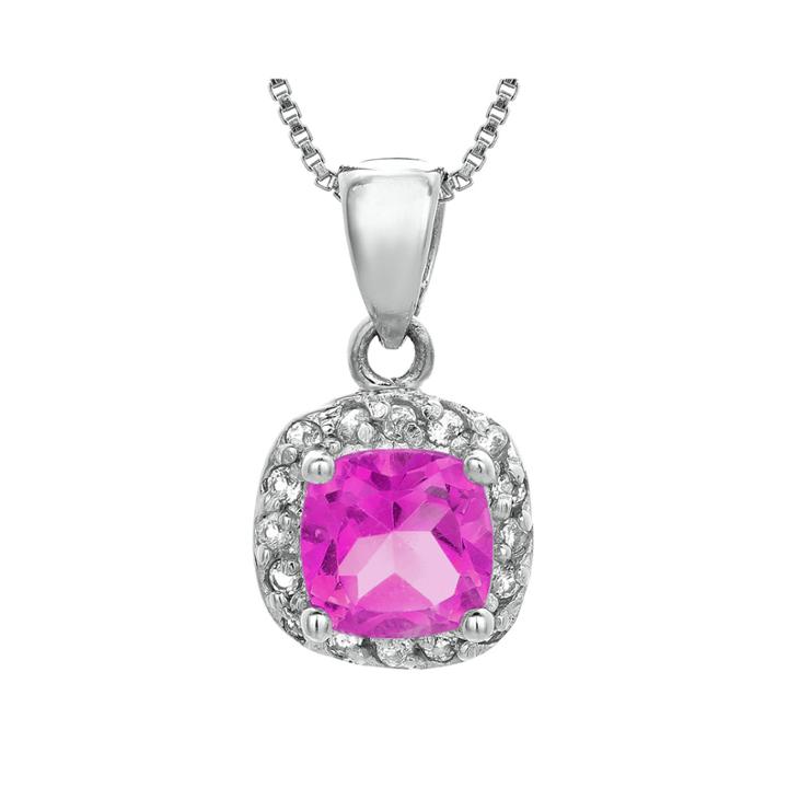 Cushion-cut Lab-created Pink Sapphire And Genuine White Topaz Sterling Silver Pendant Necklace