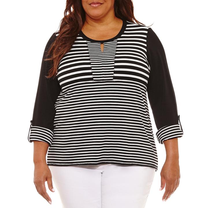 Lark Lane Stripe Hype Long Sleeve Scoop Neck T-shirt-womens Plus