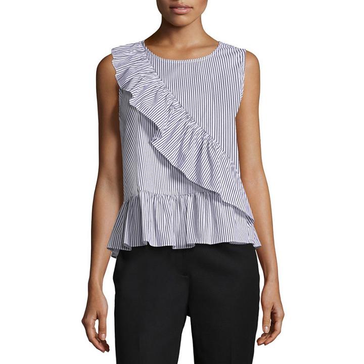 Worthington Sleeveless Crew Neck Poplin Ruffled Blouse-petites