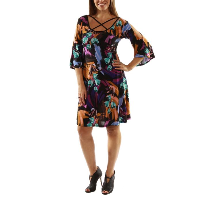 24/7 Comfort Apparel Wonderful Watercolors Criss Cross Shift Dress