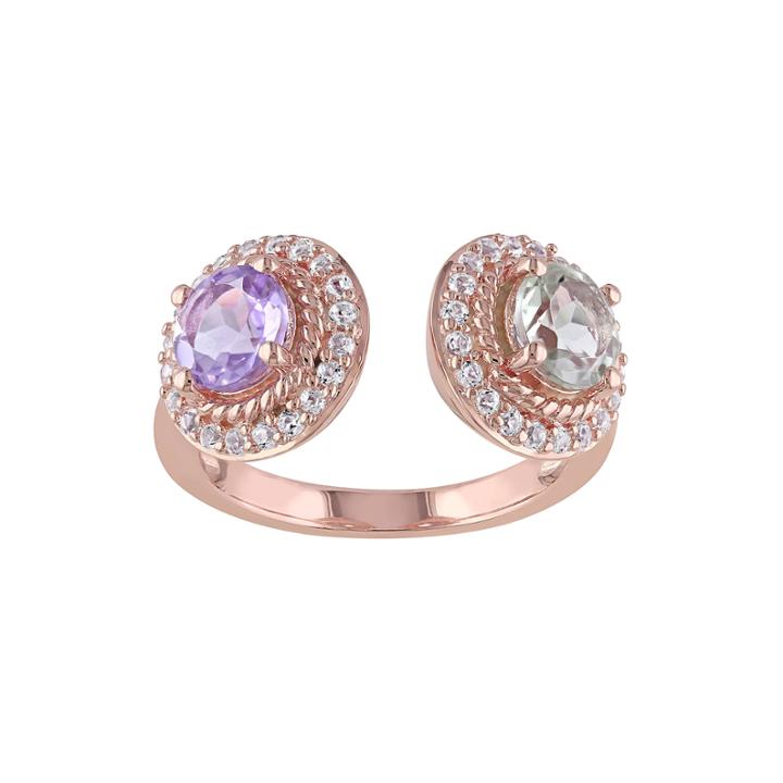 Genuine Rose De France And Green Amethyst Open Ring