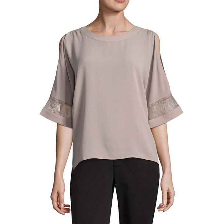 Worthington Short Sleeve Crew Neck Crepe Blouse-petites