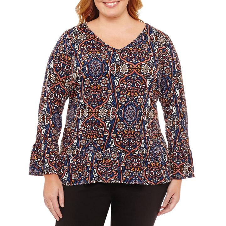 Alyx Long Sleeve V Neck Knit Medallion Blouse-plus