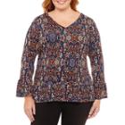 Alyx Long Sleeve V Neck Knit Medallion Blouse-plus