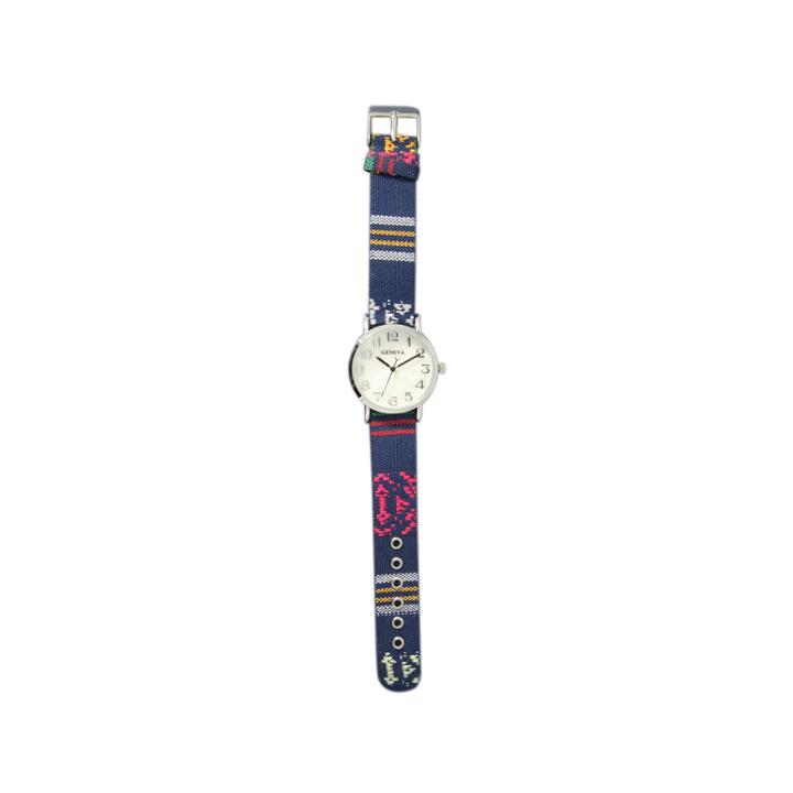 Olivia Pratt Womens Silver-tone Faux Mop Dial Navy Patterned Fabric Strap Watch 10352tr