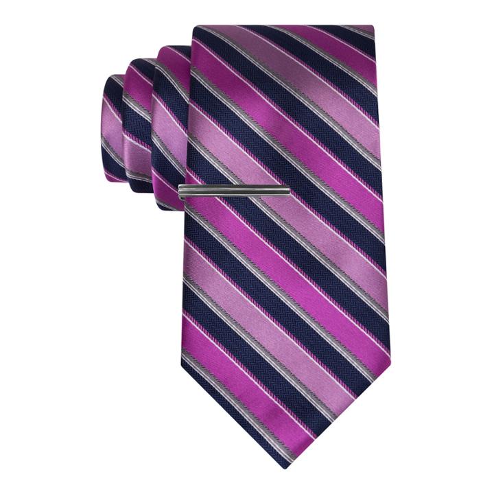 J.ferrar Navy Ground Stripe Tie With Tie Bar