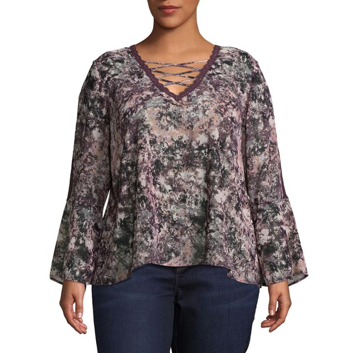 Self Esteem Long Sleeve V Neck Crepe Blouse-juniors Plus