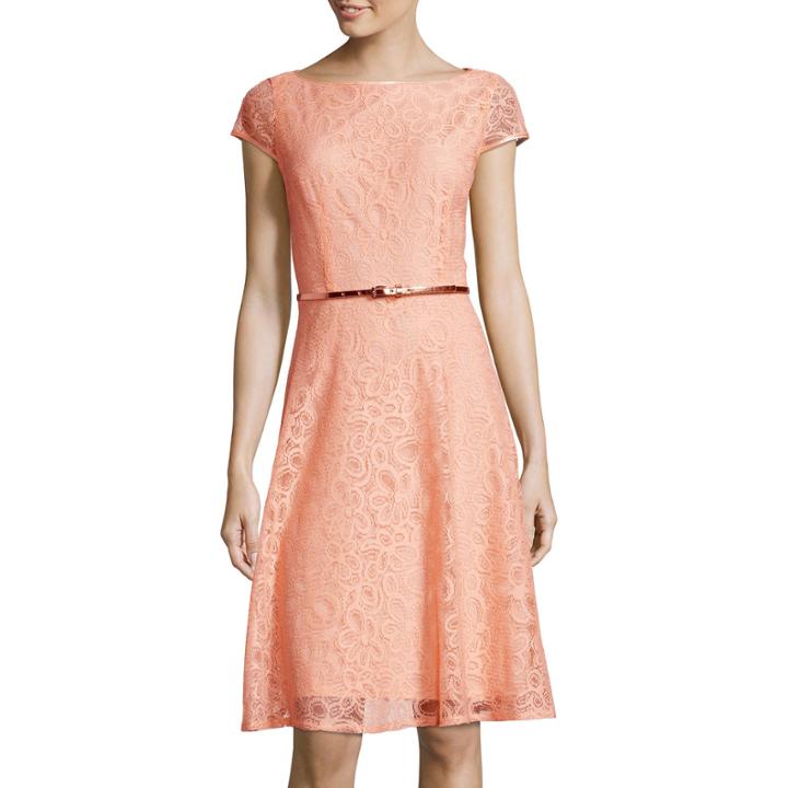 Black Label By Evan-picone Cap-sleeve Floral Lace Belted Fit-and-flare Dress