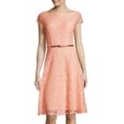 Black Label By Evan-picone Cap-sleeve Floral Lace Belted Fit-and-flare Dress