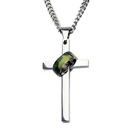Inox Jewelry Mens Stainless Steel Cross Pendant Necklace With Camo Ring