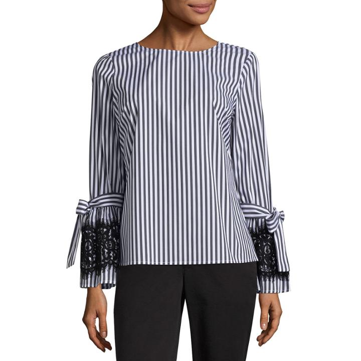 Worthington Long Sleeve Crew Neck Woven Stripe Blouse