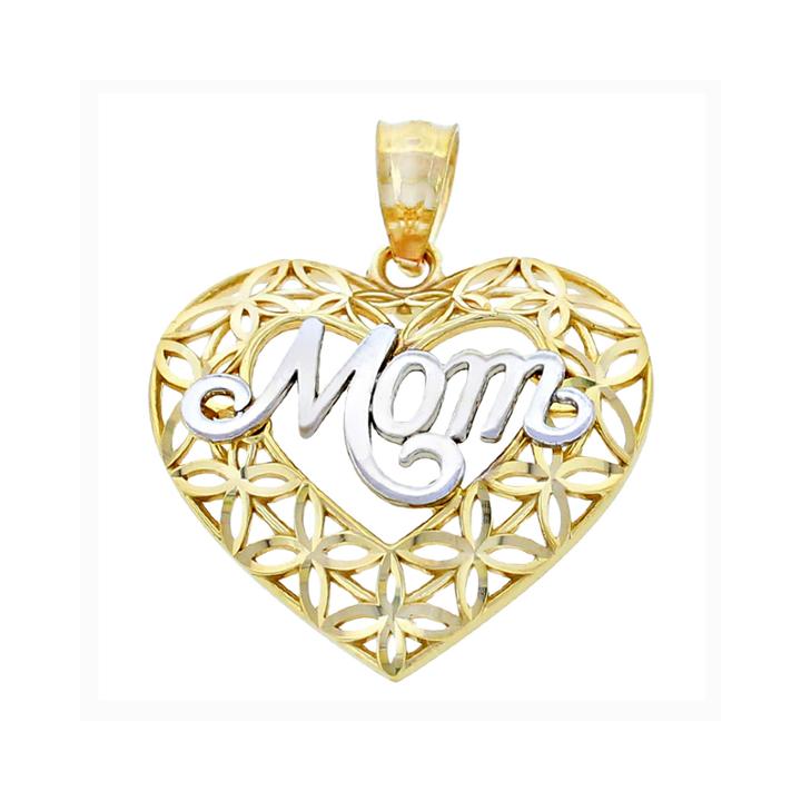 14k Two-tone Gold Diamond-cut Mom Heart Charm Pendant