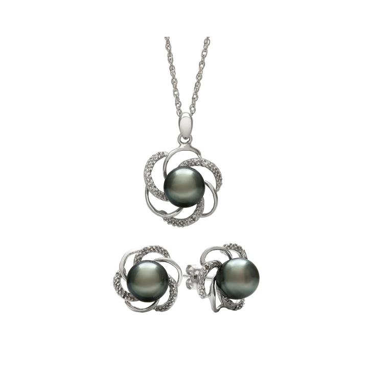 Genuine Tahitian Pearl And Diamond-accent Flower Pendant Necklace & Earring Set