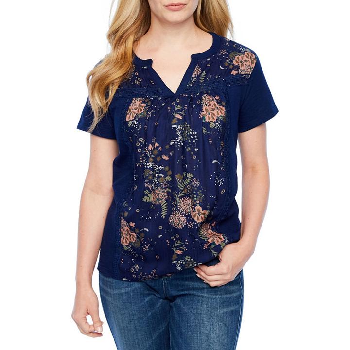 St. John's Bay Short Sleeve Round Neck Medallion T-shirt-womens Petites