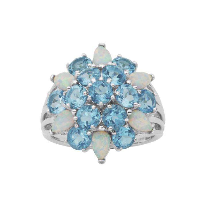 Genuine Swiss Blue Topaz And Lab-created Opal Cluster Ring