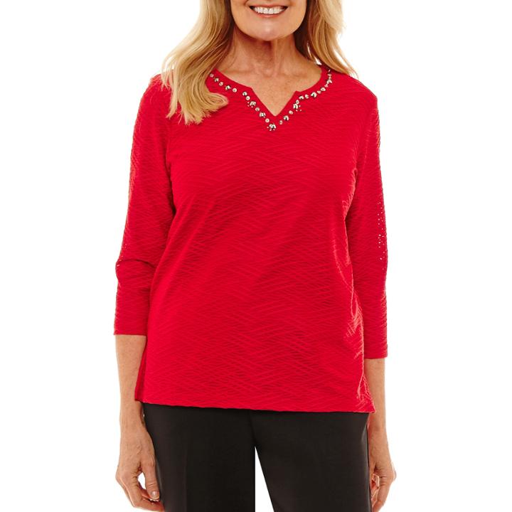 Alfred Dunner Talk Of The Town 3/4 Sleeve Split Crew Neck T-shirt-womens