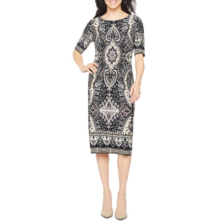 Ronni Nicole Elbow Sleeve Scroll Sheath Dress