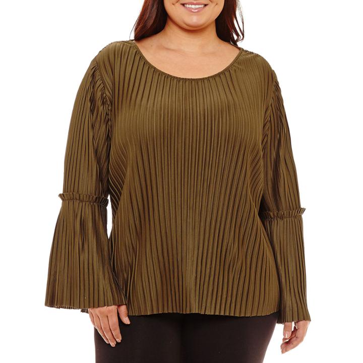 Boutique + Long Sleeve Pleated Blouse-plus