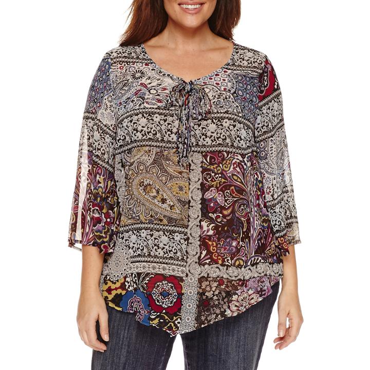 Unity World Wear 3/4 Sleeve V Neck Woven Peasant Blouse-plus