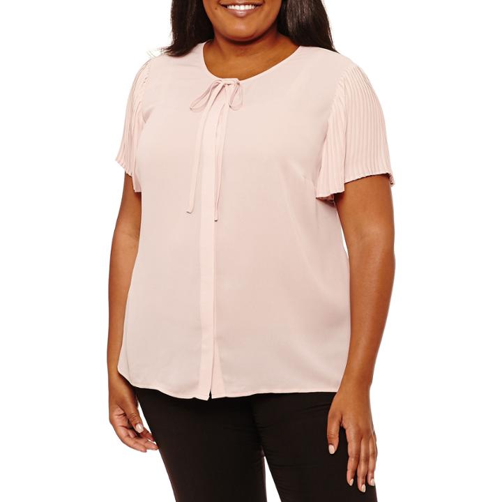 Worthington Short Sleevetie Neck Woven Blouse-plus