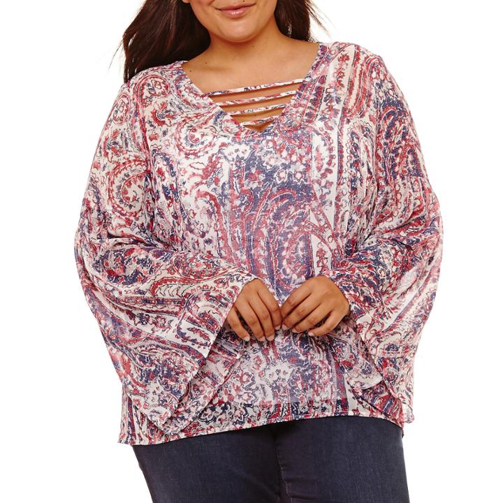 Belle + Sky 3/4 Sleeve Scoop Neck Woven Blouse-plus