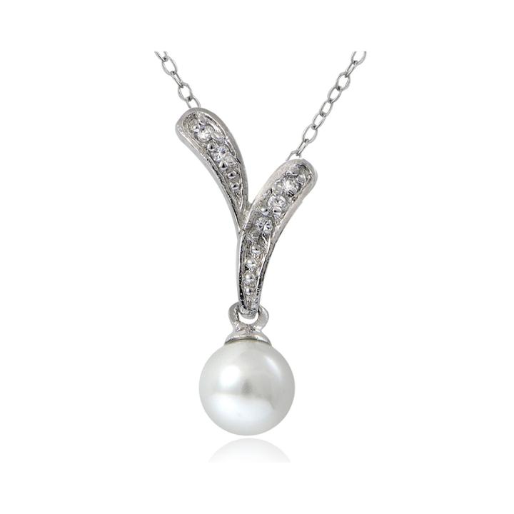 Cubic Zirconia And Simulated Pearl Silver-plated Drop Pendant Necklace