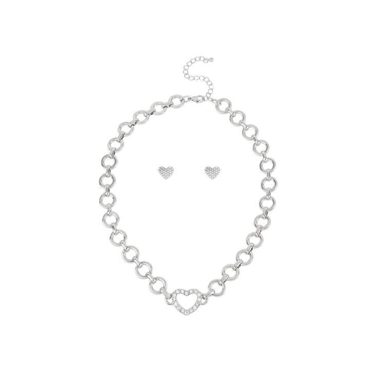 Worthington Silver-tone Pav Crystal Heart Necklace And Earring Set