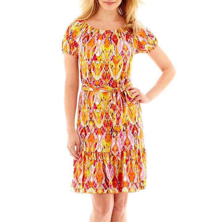Msk Short-sleeve Belted Peasant Fit-and-flare Dress - Petite