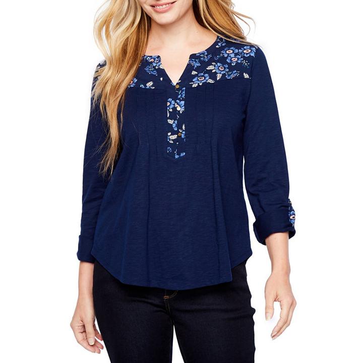 St. John's Bay Long Sleeve Split Crew Neck Floral T-shirt-womens Petites