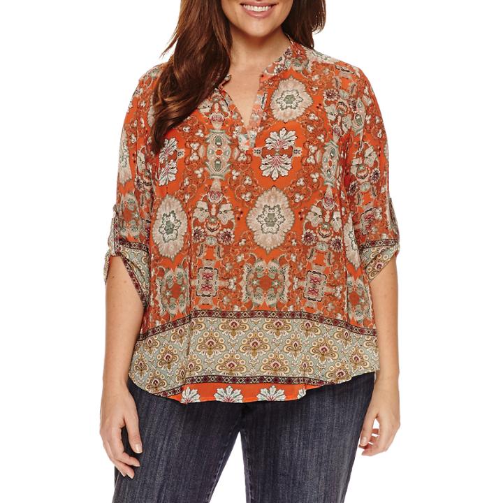 Unity World Wear 3/4 Sleeve V Neck Woven Mandarin Blouse-plus