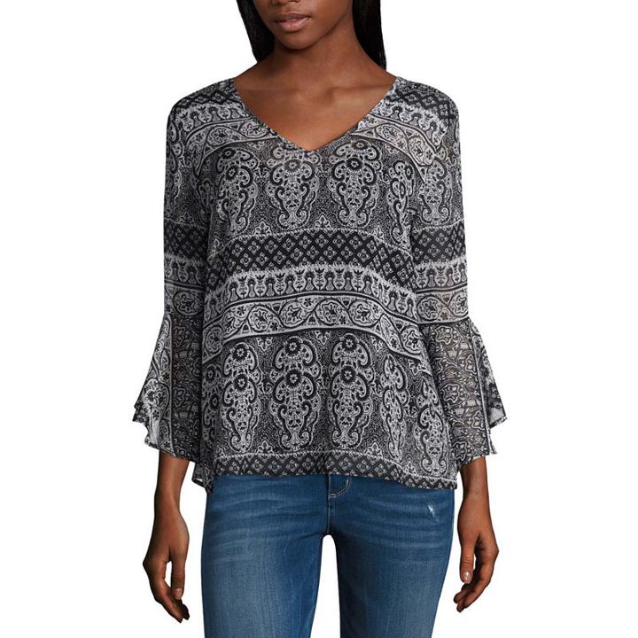 By & By Long Sleeve V Neck Chiffon Embellished Blouse-juniors